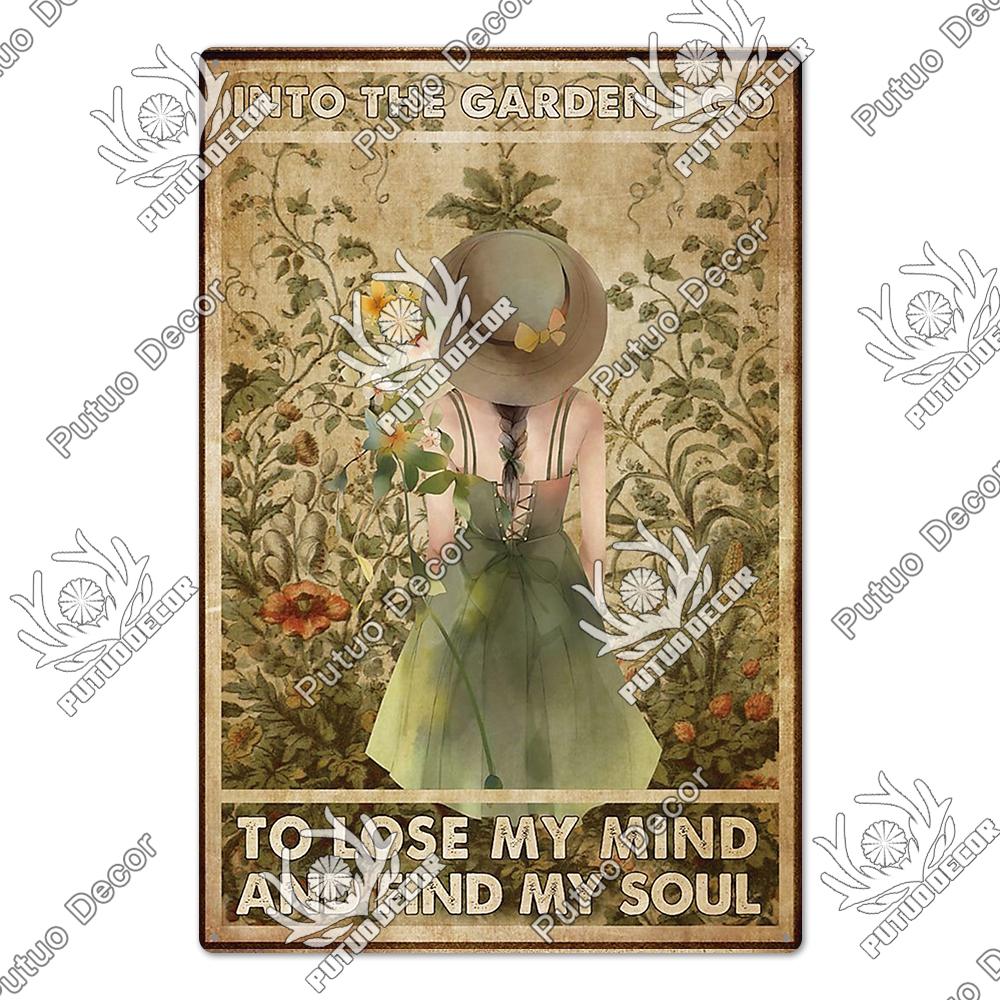 Putuo Decor Funny Cat Tin Sign Girls Flowers Vintage Plaque Metal Sign Retro Skeleton for Garden Farm Home Decoration Wall Decor