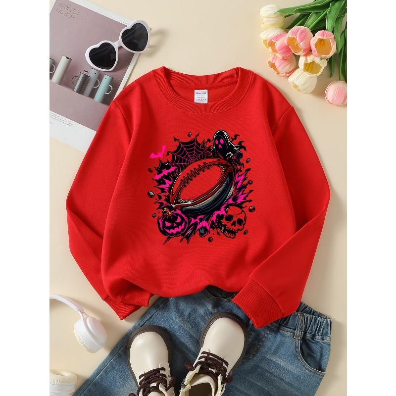 Girls' Long-Sleeve Round Neck Sweatshirt with Printed Design, Halloween Football Style for Spring And Autumn, Fashionable And Casual