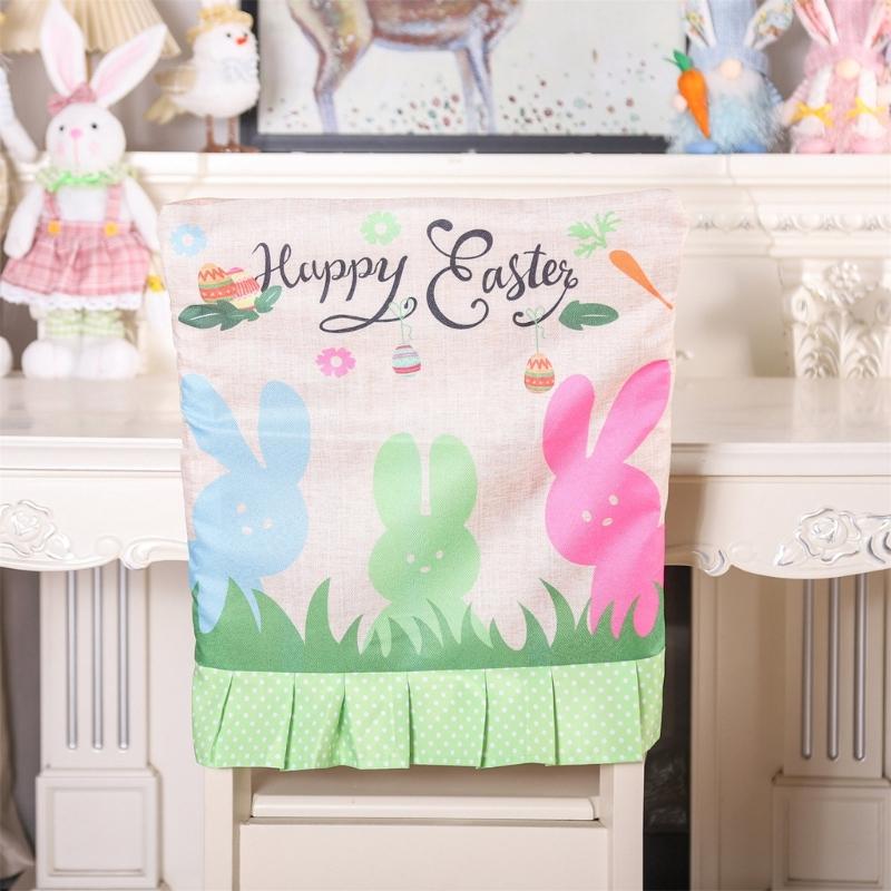 Rabbit Gnome Chair Back Cover Easter Holiday Party Ruffle Hem Chair Slipcover Washable Linen Furniture Protective Cover