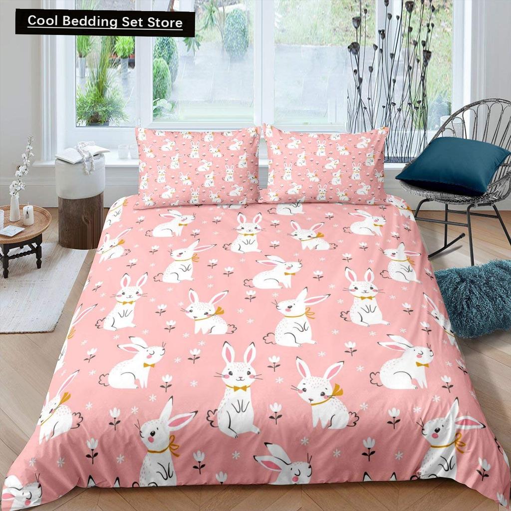 Pink Cartoon Animal King Queen Duvet Cover Kawaii Panda Pattern Bedding Set for Kids Girls Wildlife 2/3pcs Polyester Quilt Cover