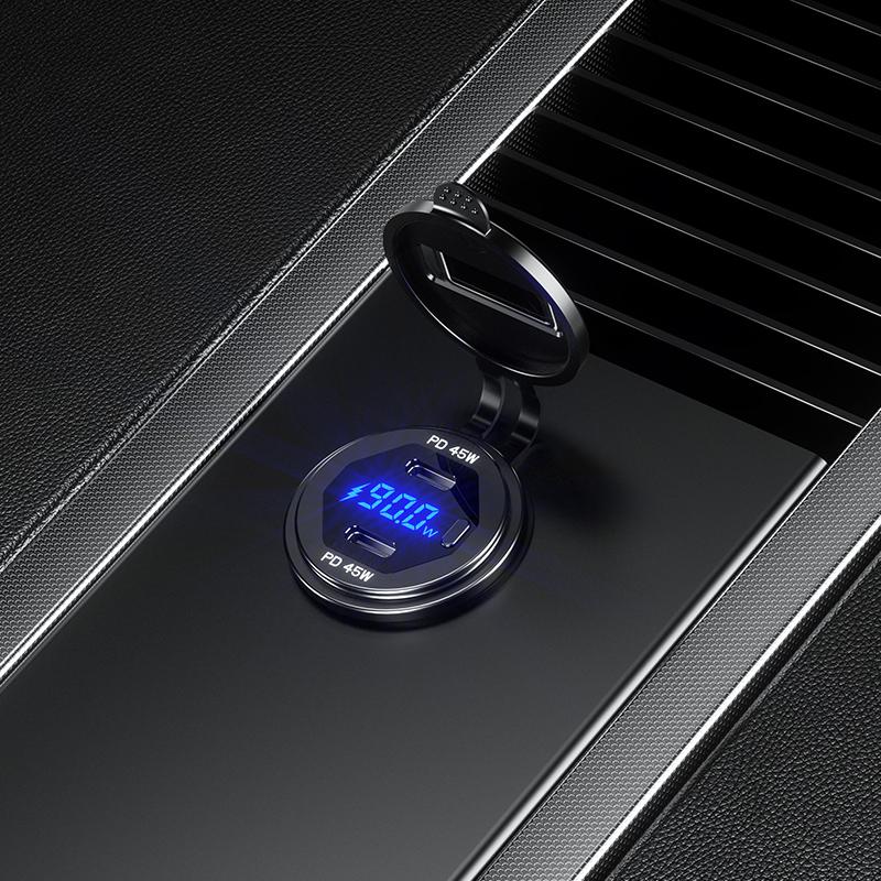 Metal Dual 90W USB C Type C PD Fast Car Charger 12V/24V with Voltage/Power Display for SUV Motorcycle Truck Boat Bus RV ATV