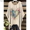 Bohemian Chic Übergroß Schlicht Vintage Blumendruck Unregelmäßiger Saum Rundhals T-Shirt Modische und Vielseitige Damenbekleidung