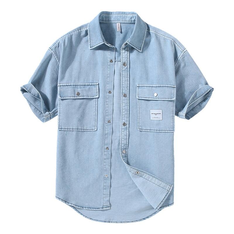 Korean Style Summer Denim Short Sleeve Shirt Men Turn-down Collar Double Pockets Washed Light Blue Jean Shirt Youth Streetwear Casual Tops