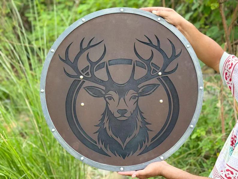 Carved Wooden Viking Shield: Medieval Norse Decor, Cosplay Prop
