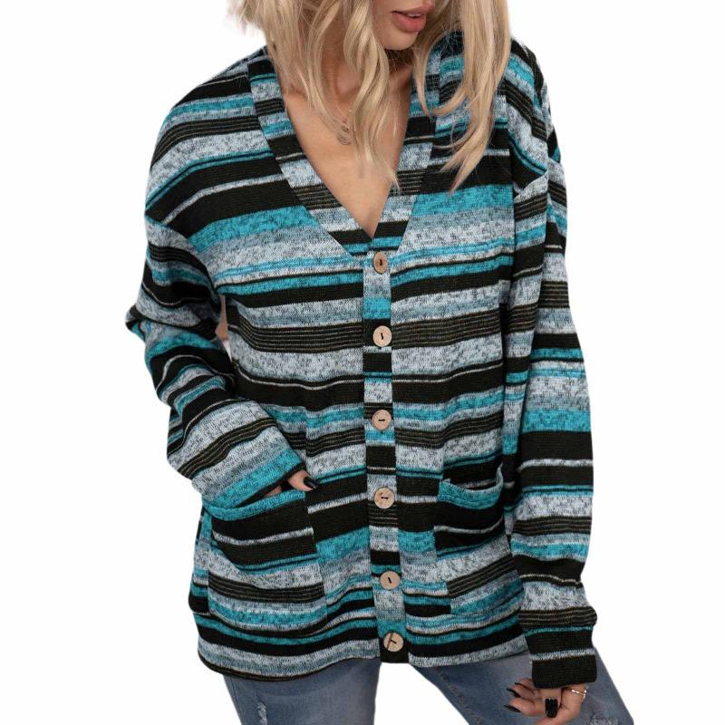 Damen S V-Ausschnitt Strick Knopf Tasche Cardigan Pullover Langarm Top