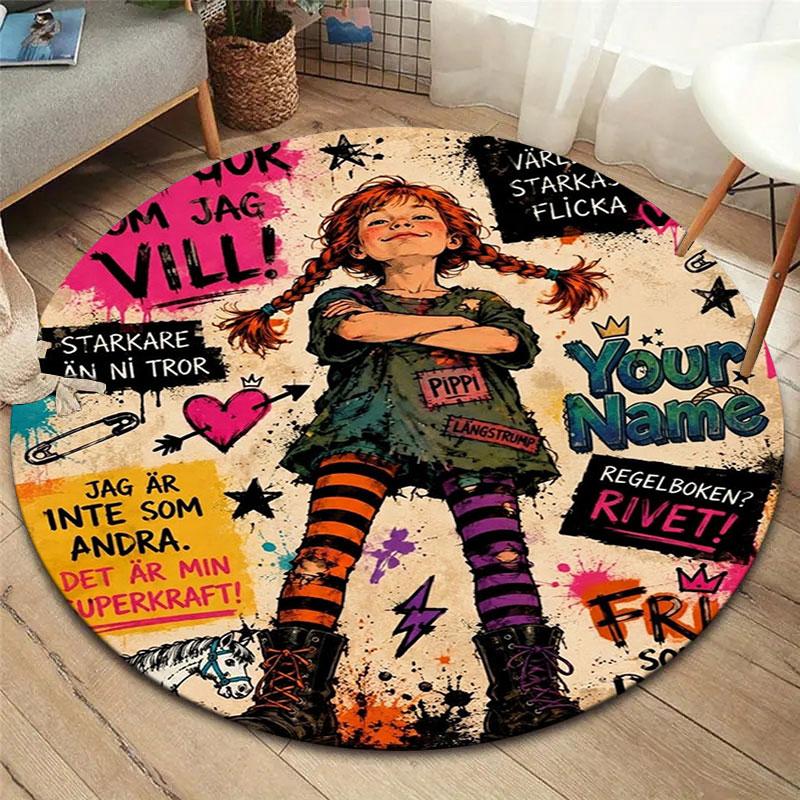 Pippi Langstrumpf Benutzerdefinierter Name Runder Teppich, Teppich für Wohnzimmer Schlafzimmer Sofa Spielzimmer Dekor, Rutschfeste Bodenmatte