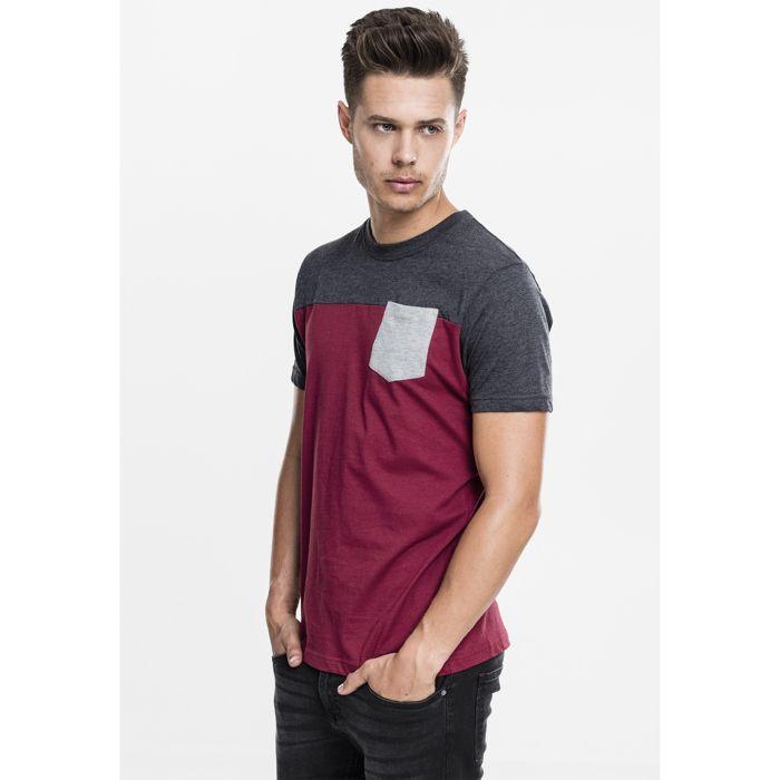 T-shirt - URBAN CLASSICS - 3-tone pocket - Bordeaux/Blanc/Gris - Manches courtes - Col arrondi