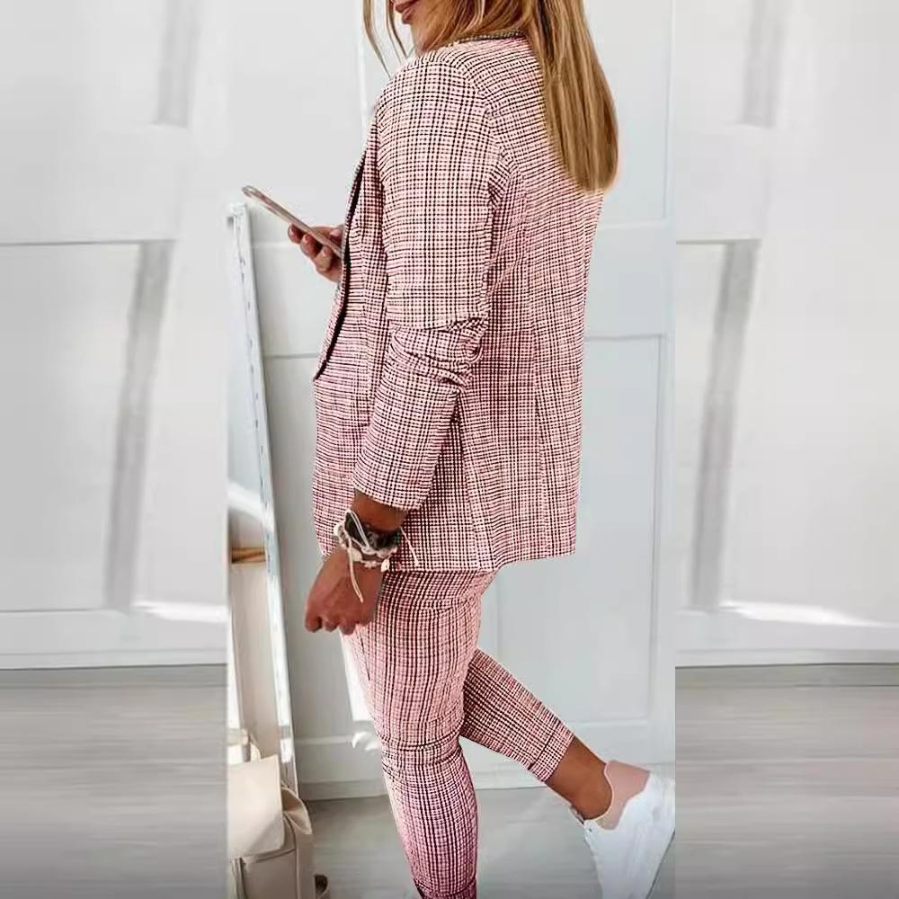Autumn Winter Plaid Printing Two Piece Sets Women Casual Notched Collar Blazer & Pants Set Outfits Fashion Elegant Suit Sets