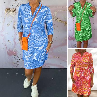 Vestido feminino com decote em V, manga 3/4, linha A, vestido estampado em cores vibrantes, comprimento até o joelho, vestido casual de férias