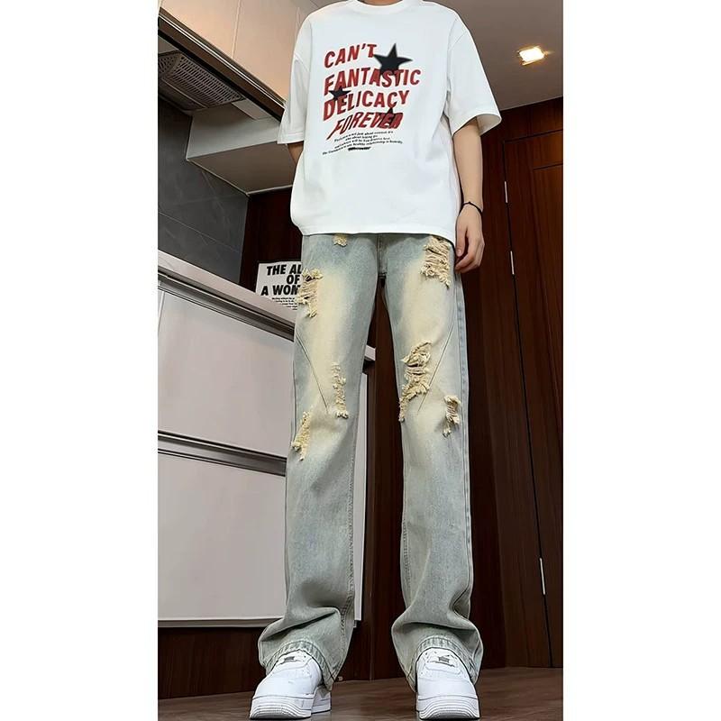 Autumn American high street vibe jeans men's trend ripped design pants retro straight micro-pull pants