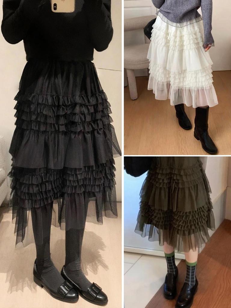 Korean Style Fluffy Lace Mesh Layered Midi Skirt for Women - Spring Collection