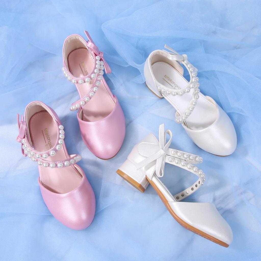 Girls' Princess Pearl Leather High Heels – Korean Style Fashion Student Shoes