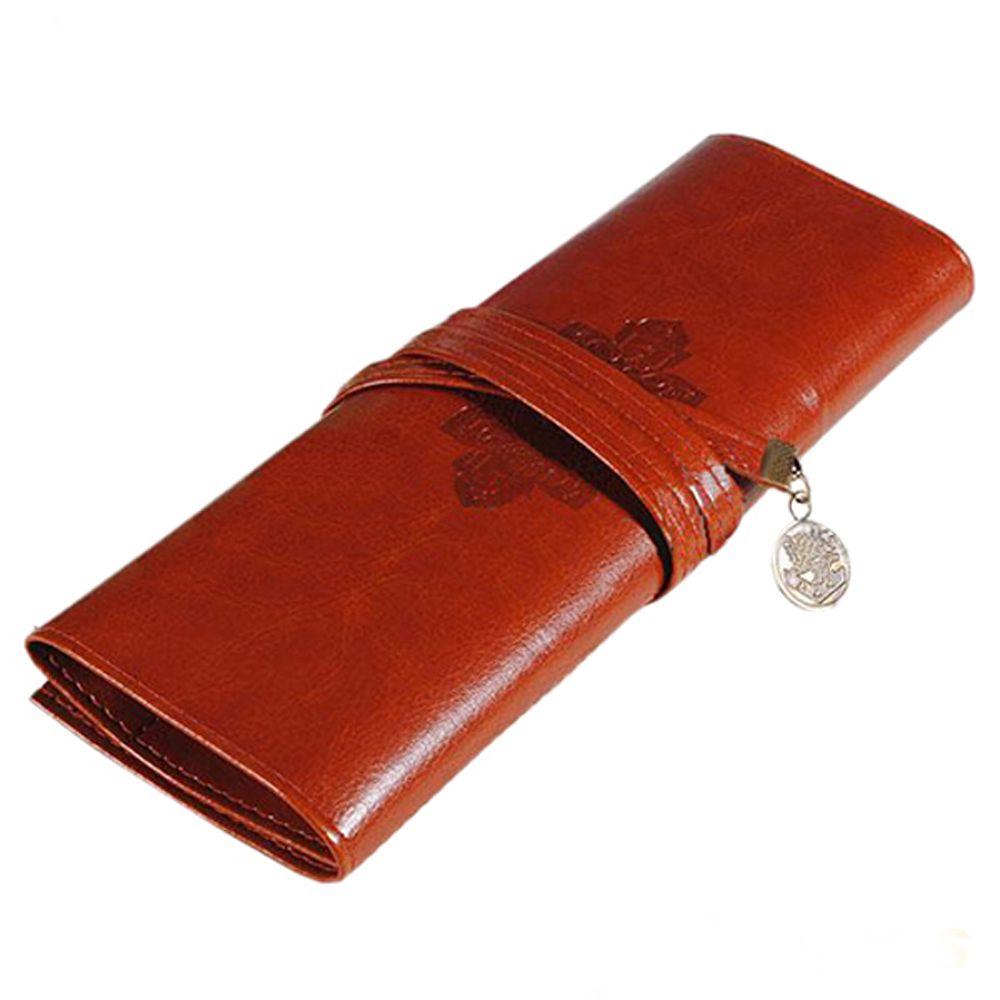 Girls Retro Stationery PU Leather Roll Pencil Bags Cosmetic Bag Roll Pen Bag Vintage Pencil Case