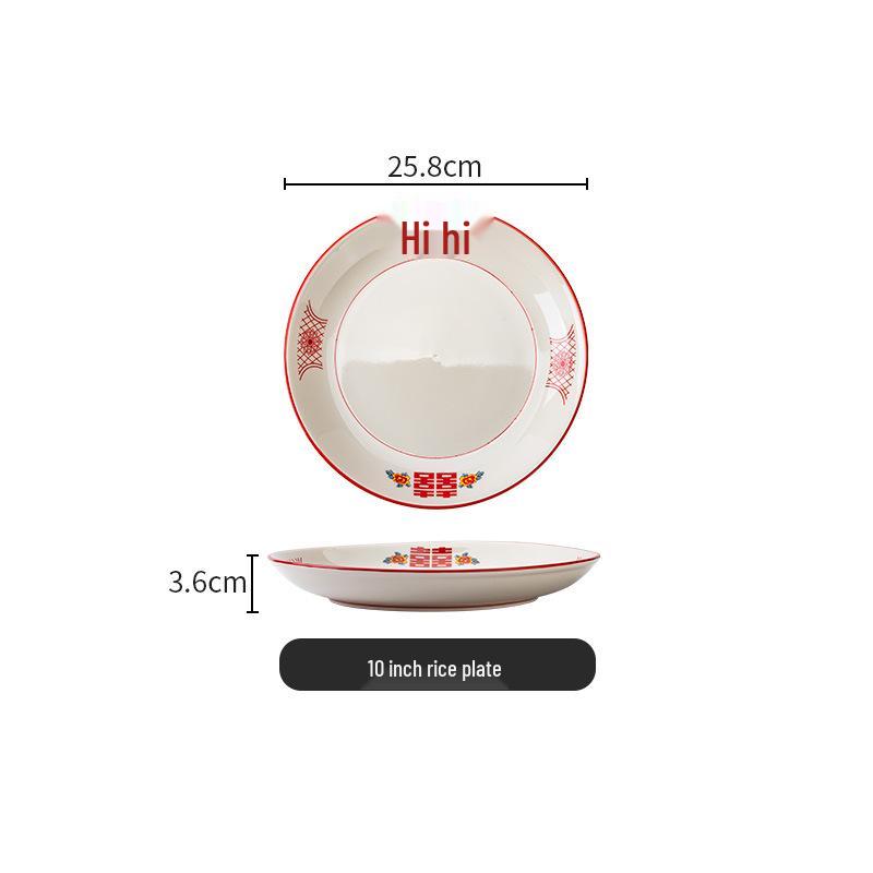 Set di Piatto Rotondo Rosso Ceramica Retrò Doppia Felicità - Piatto Basso, Piatto Piatto, Piatto per Hot Pot, Piatto per Carne, Piatto per Salsa e Piatto per Pesce per Tavola da Ristorante.