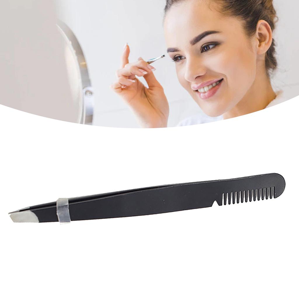 Multi Purpose Eyebrow Tweezers Stainless Steel Ergonomic Precise Slant Tip Eyebrow Tweezers with Comb Black