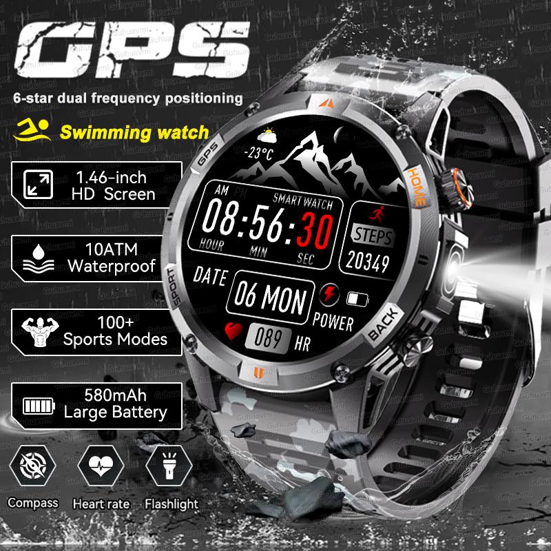 New Adventure GPS Map Navigation Smart Watch AMOLED Screen 10ATM Waterproof Clock Compass Flashlight BT Call Smartwatch Men