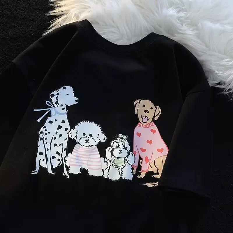 American High Street Vintage Chic Fun Cute Dog Short Sleeve Womens Summer Harajuku Short Sleeve Casual Aesthetic Clothes