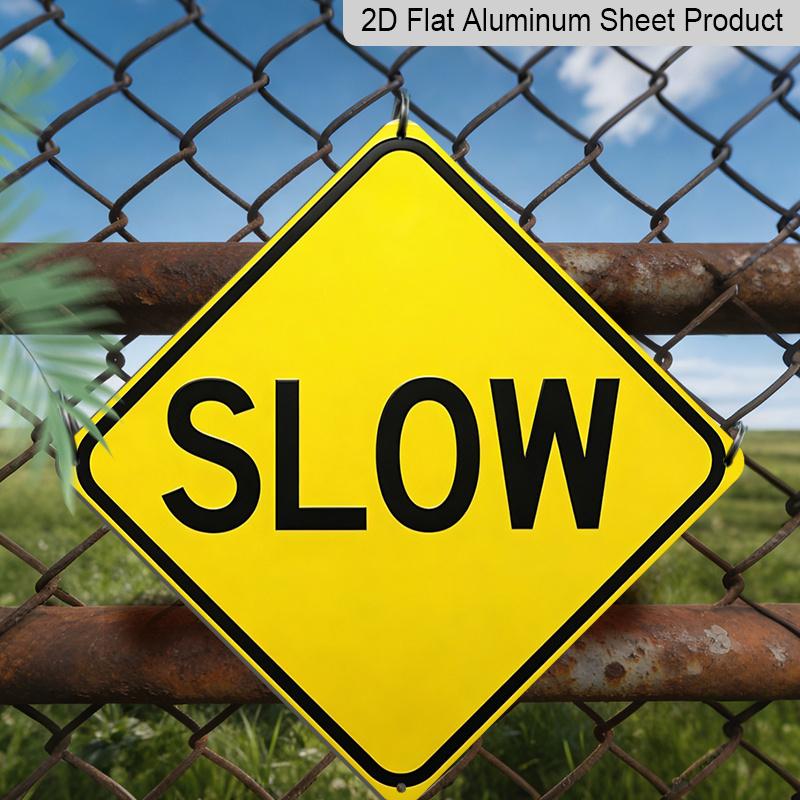2D Flat, 1pc, "SLOW" Aluminum Warning Sign, Heavy Duty Weatherproof Metal Plaque, Slow Down Traffic Control Sign for Driveway, Street, Neighborhood