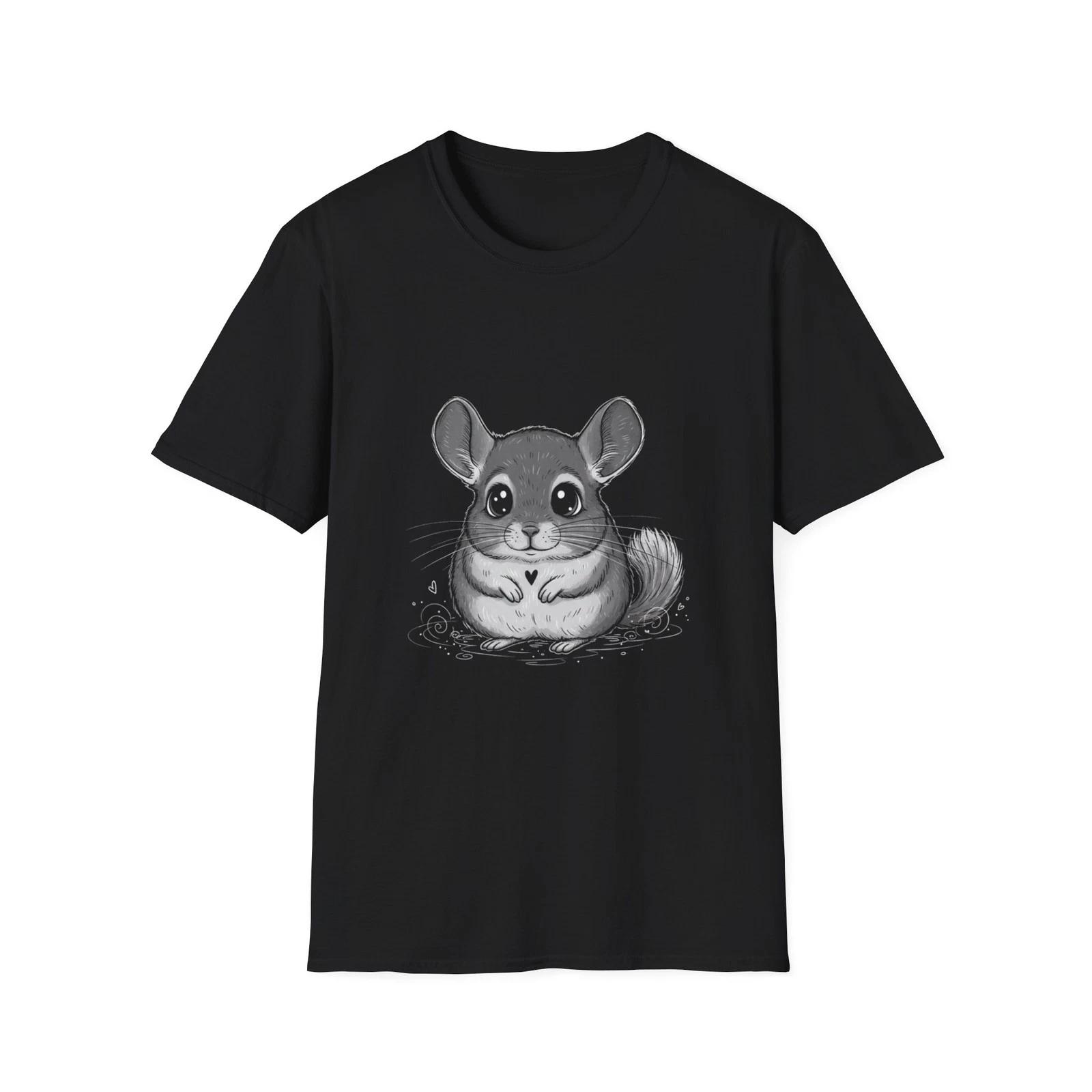 Chinchilla Cute Heart Kawaii Illustrated Black Tee Graphic T-Shirt M