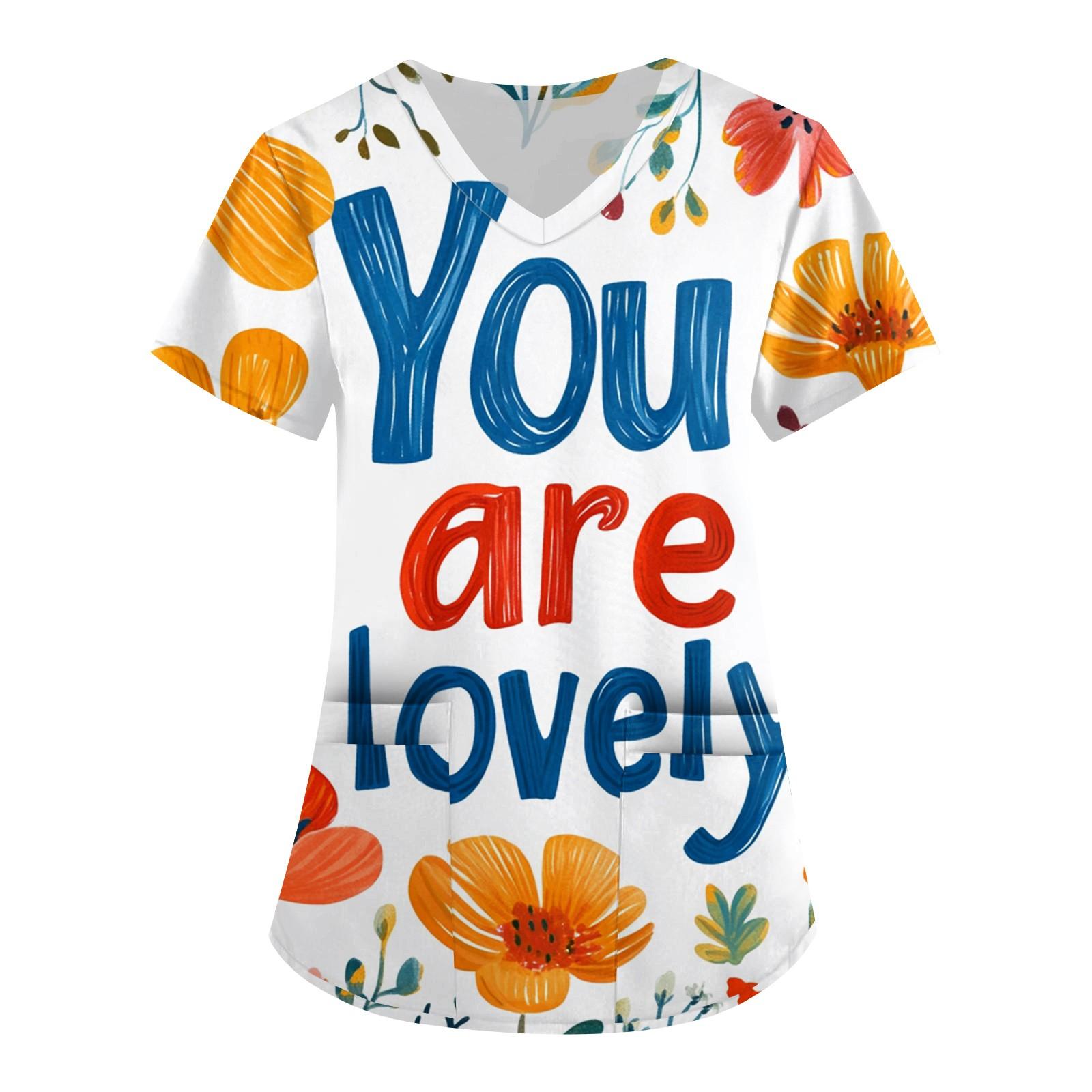 Women s Fashion V-neck Short-sleeved Work Clothes With Pockets Mother s Day Print Top Care Wear L