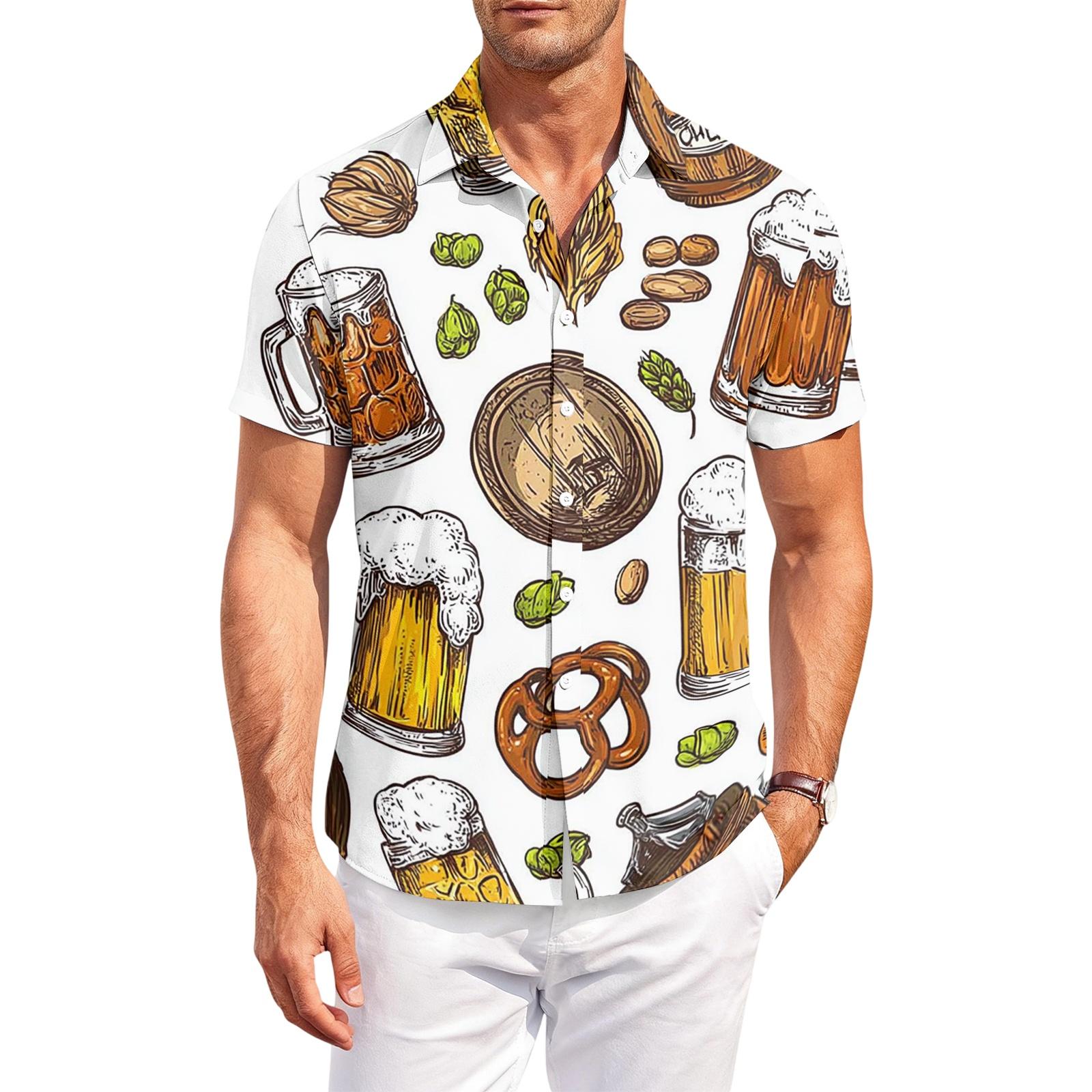 

Men s Casual Loose Fit Short Sleeve Shirt Button Down Beer Print Lightweight Breathable Fabric Summer Top L білий