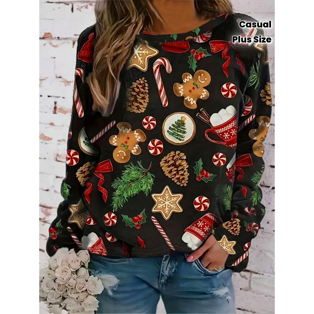 

Футболка большого размера с рождественским принтом пряничного человечка, повседневный топ с круглым вырезом и длинным рукавом, женская одежда большого размера 7XL