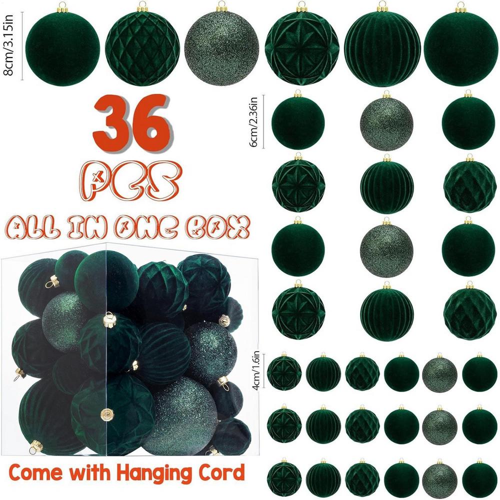 Christmas Ball Ornaments 36-Piece Elegant Christmas Decor Red Green Flocked Balls Ornaments For Tree Wreath Door Window Garland