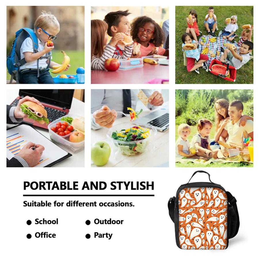 Ghost Pattern Shoulder Strap Lunch Bag for Boy and Girls Best Gifts 2D Flat Cartoon School Bento Lunch Box Bag for Children