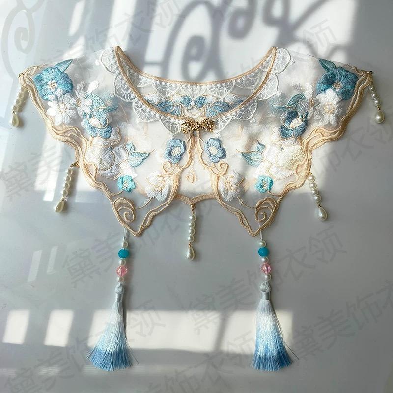 

Lace Embroidery Collar Flower Tassel Shawl Woman Long Ribbon Detachable Fake Collar For Horse Face Skirt Hanfu Accessories One Size