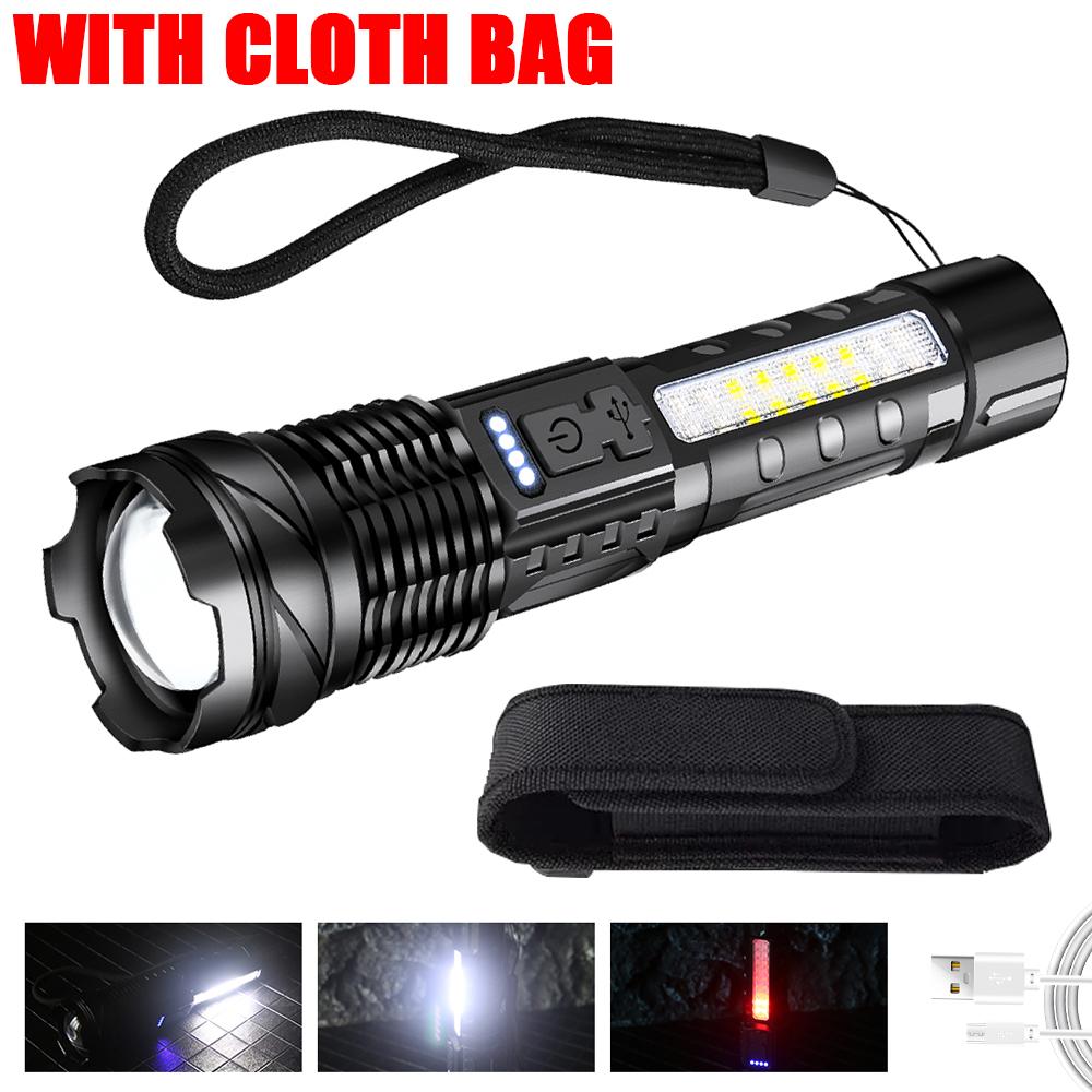 High Power LED Flashlight Powerful TYPE-C Rechargeable Zoom Flashlight with COB Side Light Torch for Outdoor Camping Hiking