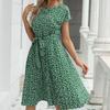Frauen Frühling Sommer Kurzarm Blumendruck Lace Up Plissee Midikleid Grün Blau