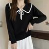 Navava Women Long Sleeve Knit Tee With Color Ribbon Collar Nk3236