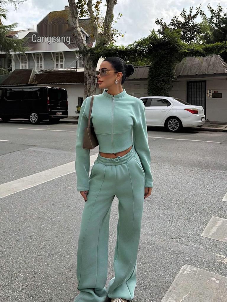 European Casual Women's Sexy Zipper Cardigan & Lace-Up Pants Set - Spring/Autumn Wear