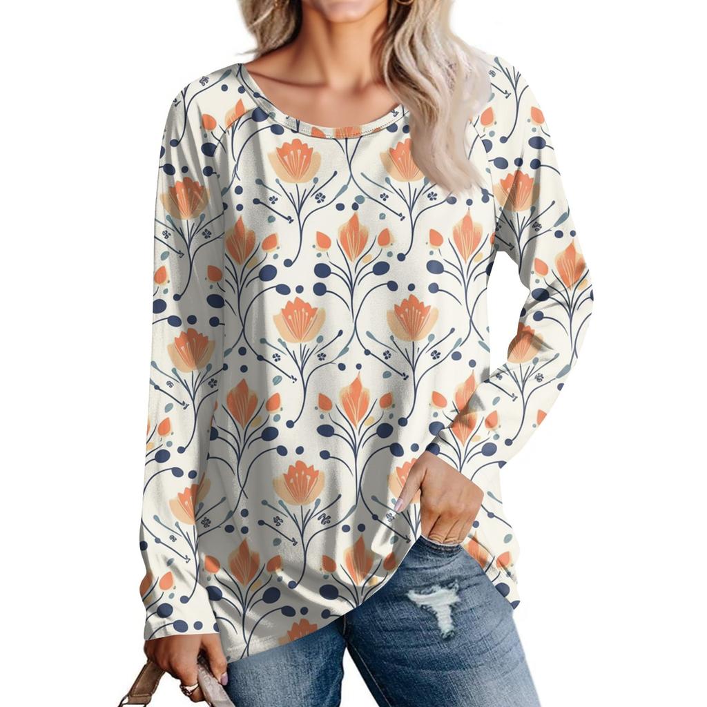 Women's Fashion Casual Long Sleeve  Print Round Neck Pullover Top Blouse