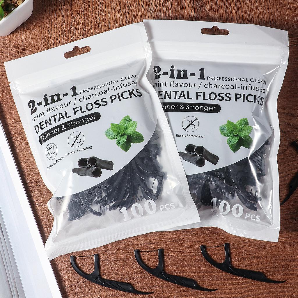 600/300/100/30PCS 2-in-1 bamboo charcoal mint dental floss stick, interdental cleaning tool, free dental floss box, suitable for