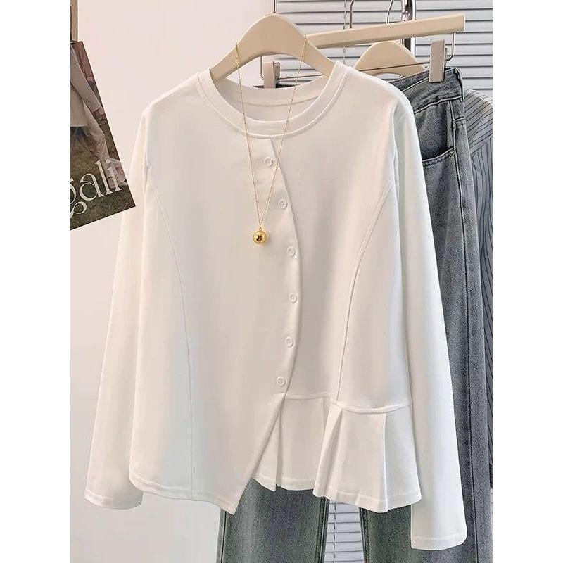 

Fashion Long-sleeved T-shirt Autumn New Women s Round Neck Button Stitching Solid Color Top L белый