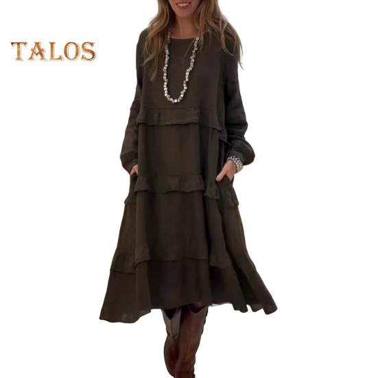 Damen Langarm-Midikleid mit lockerem Rüschen-Stufenkleid, lässiger O-Ausschnitt, Frühlings-Pulloverkleid für Urlaub, Strand