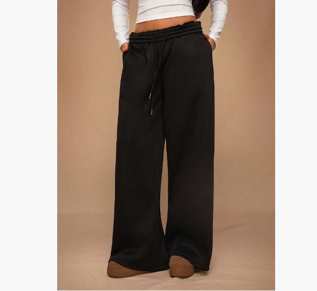 Women S Elastic Waist Fleece Lined Wide Leg Sweatpants Autumn Winter Casual XS чёрный