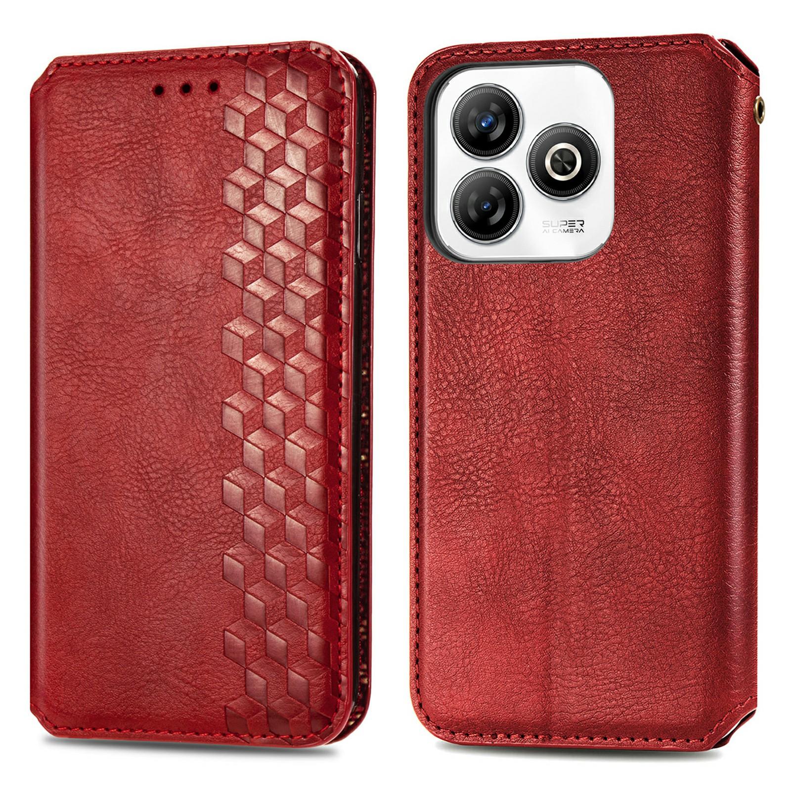 

For ZTE Blade A75 4G PU Leather Case Rhombus Imprint Wallet Stand Phone Cover Red