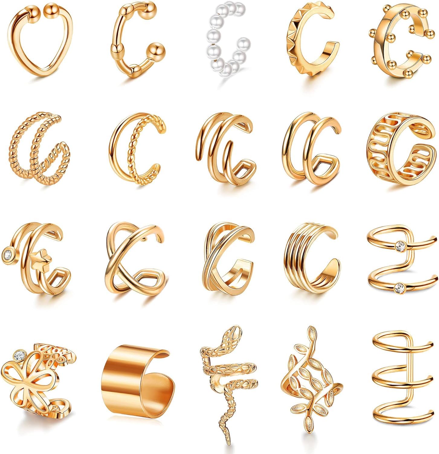 

ORAZIO Ear cuffs for fake earrings for simple ear hypoallergenic [20-piece set] women, men, clip-on, non-pierced earrings, pearl, cuffs, (rose gold)