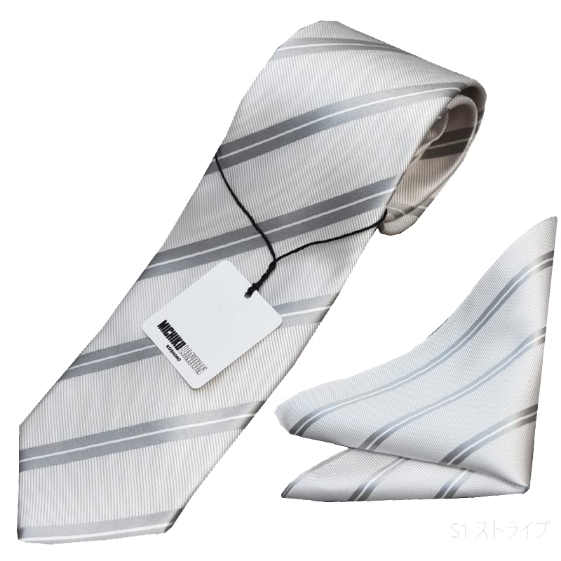 Formal Tie Pocket Square Set by MICHIKO Made in Silk Silver S1 for Weddings & LONDON, Japan, Tie, Stripe,