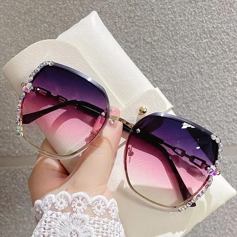 Rhinestone Decor Rimless Sunglasses for Women  Casual vintage Gradient Glasses for Summer Beach Party UV400
