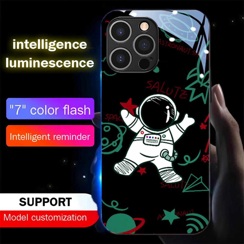 Spaceman Sound Sensor LED Flash Luminous Glass Case for iPhone Samsung