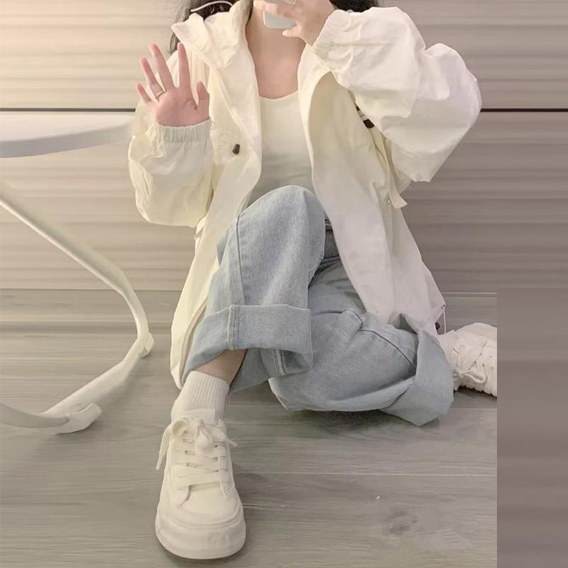 Petite Women Chic Sun Protection Coat Thin Casual Outerwear Summer Loose Zip‑up Sun‑proof Windbreaker Jacket