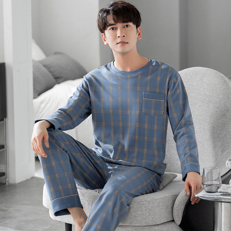Men's New Spring and Fall Pajamas Homewear Suit Cotton Long-Sleeved Teenage Casual Student Pajamas Homewear Large Size Suit