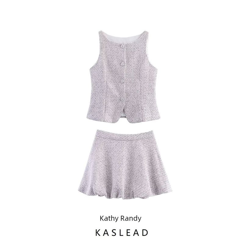 Kaslead New Women clothes Western Style Fashion Tweed Sleeveless Vest Half-Length Short dress Set
