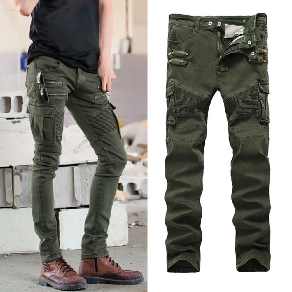 Męskie spodnie cargo motocyklowe z plisami, wieloma kieszeniami, w jednolitym kolorze, o kroju slim fit, streetwear, hip-hop, ze średnim stanem, spodnie ołówkowe, spodnie motocyklowe