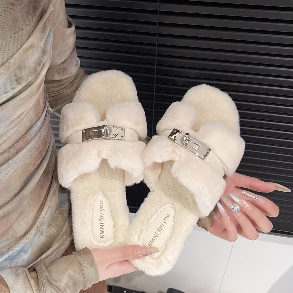 Korean version of fairy wind fluffy slippers female outer wear 2025 autumn and winter new Internet celebrity super fire fashion flat bottom cotton