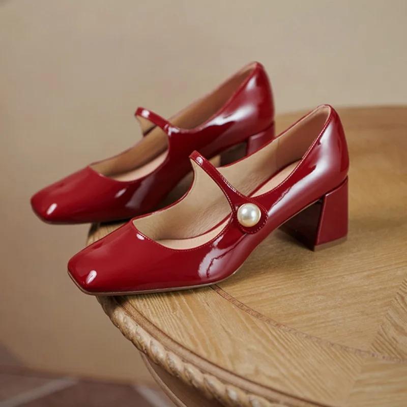 Fashion Retro Thick Heel Leather Pearl Buckle Mary Jane Shoes Ladies Designer Soft Sole Women's High Heels Fashion Casual Pumps Ladies