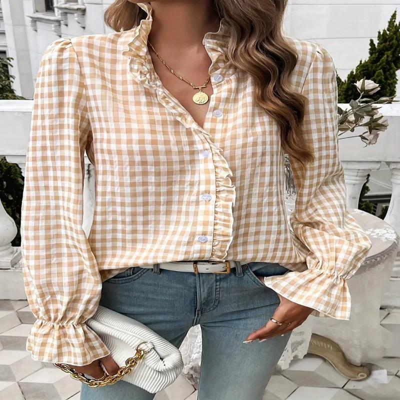 Fungus Edge Stand Collar Plaid Long-sleeved Shirt Women Spring Summer Casual Loose Single-breasted Female Versatile Shirt Tops